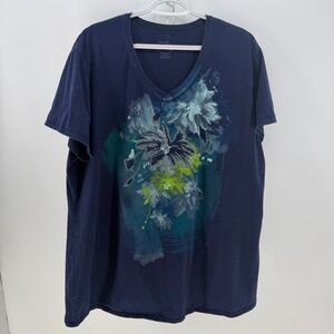 Just My Size T-Shirt Womens 3X Navy Blue Floral Graphic V-Neck Cotton Casual Tee